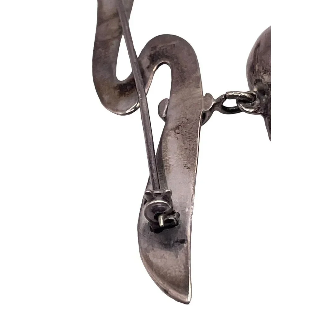 Vintage Sterling Silver 925 Puffy Dangle Heart Hollow Ribbon Brooch Pin 9g‎ MCM